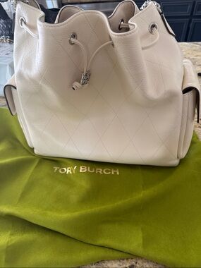 Tory Burch Cream Quilted Leather Drawstring Bucket Bag. NWT never carried dust !